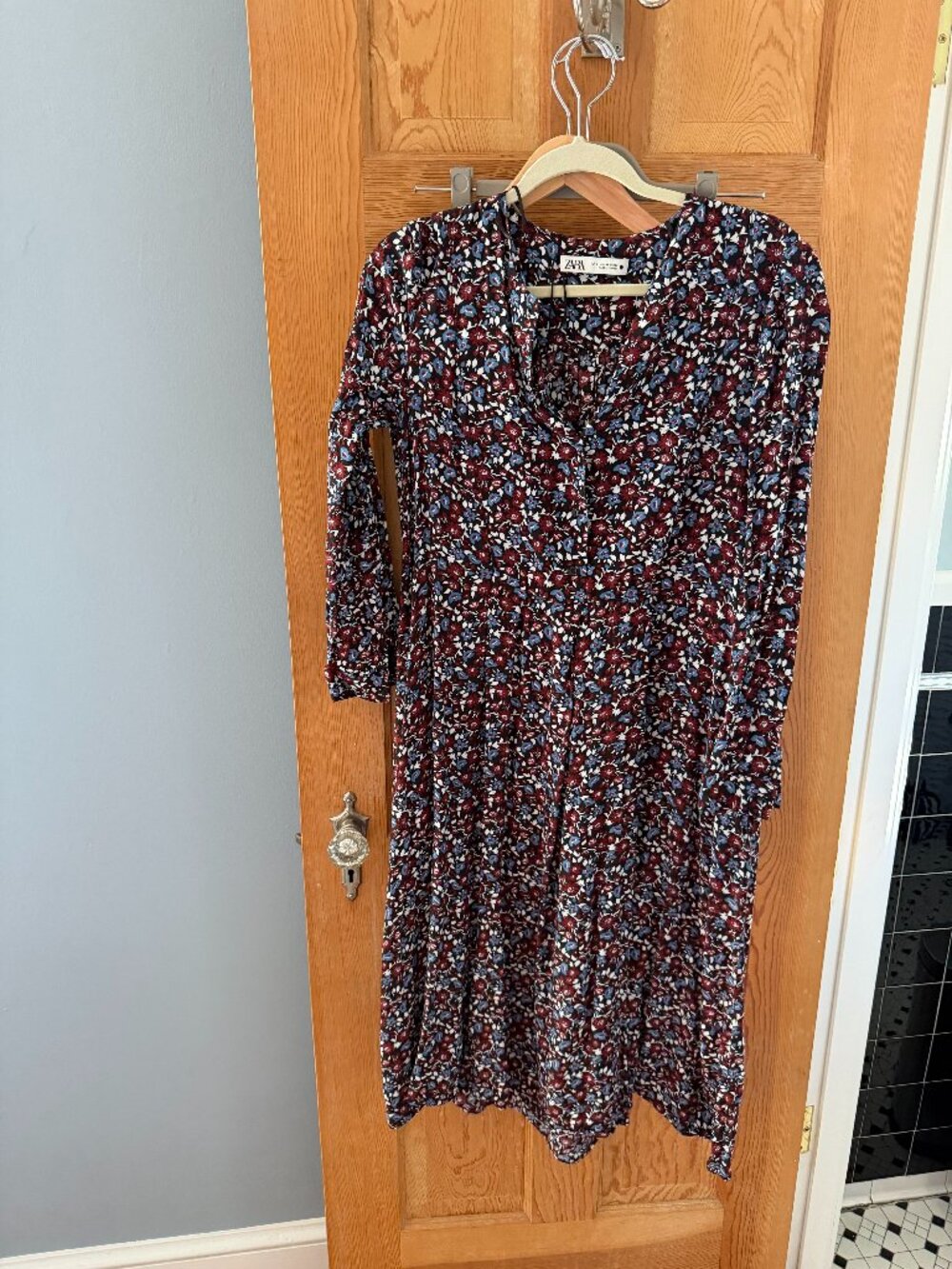 Zara Burgundy Blue Floral Midi Dress Size M